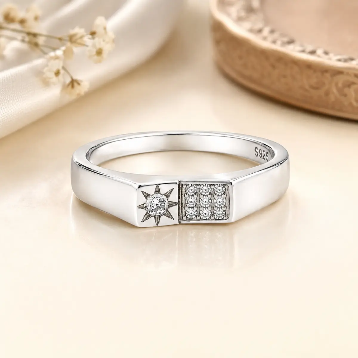 925 Sterling Silver Ring Star Cut Stone And Sparkling Accents For Men